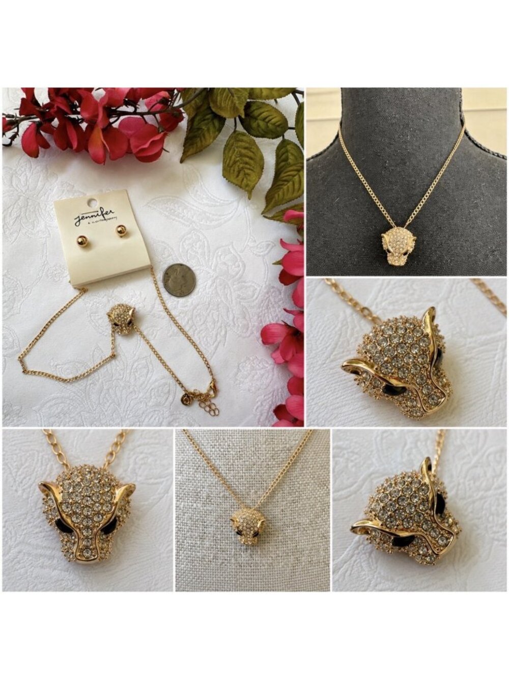 Jennifer & Company Gold Crystal Panther Pendant Jewelry Set Necklace & Earrings